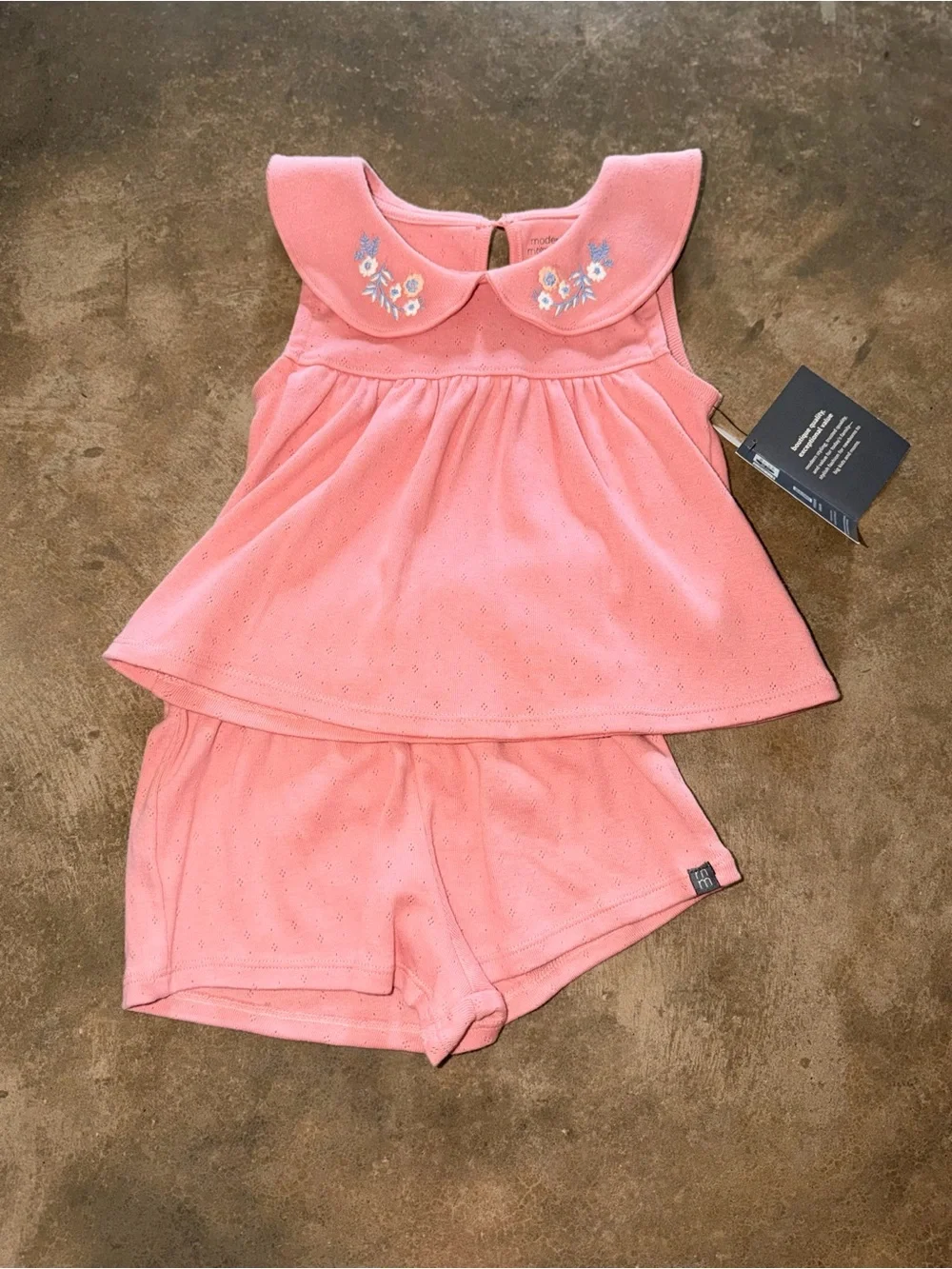 Mauve Pink Eyelet Set Floral Embroidered Peter Pan Collar Top Pull On Short 2T